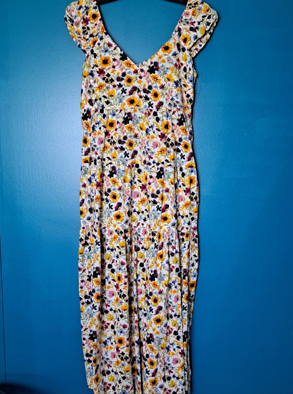 Old Navy White Sunflower and Mixed Floral Tiered Casual Dress